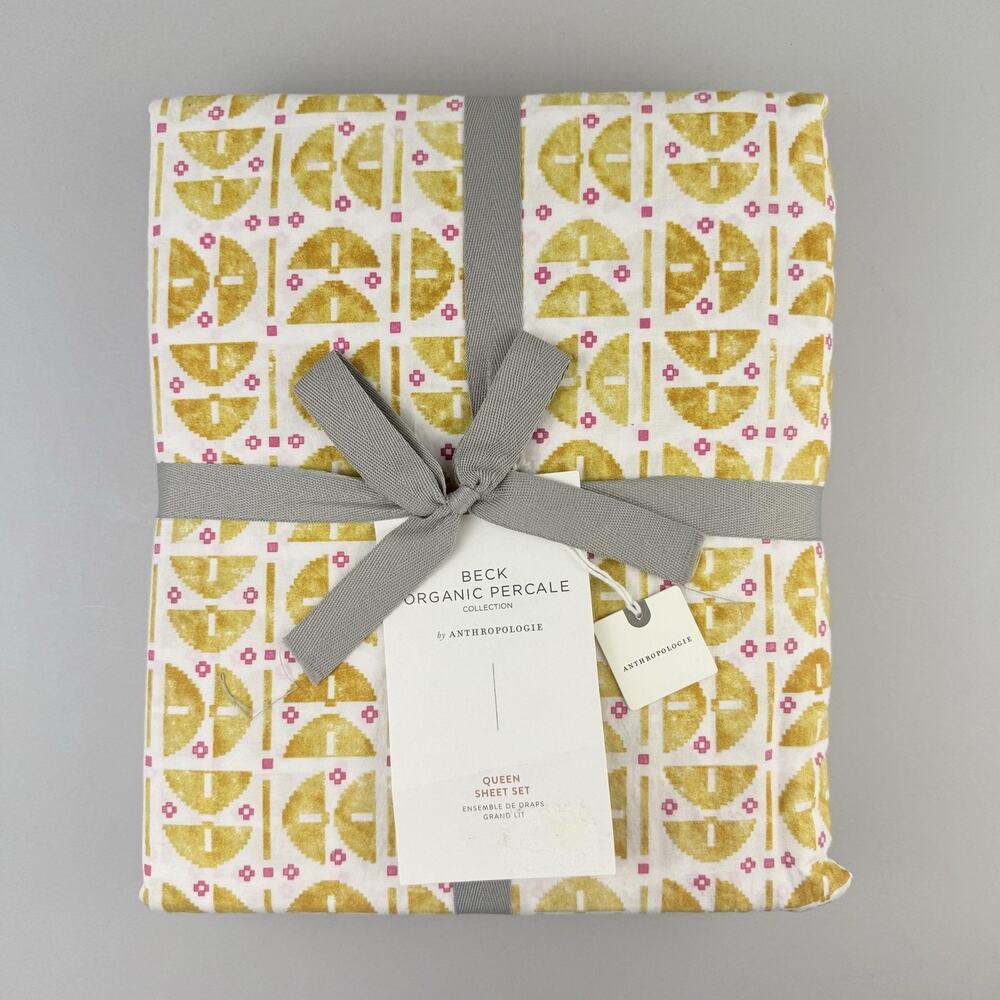 Anthropologie Beck Organic Percale Sheet Set QUEEN Yellow Geometric Bedding New